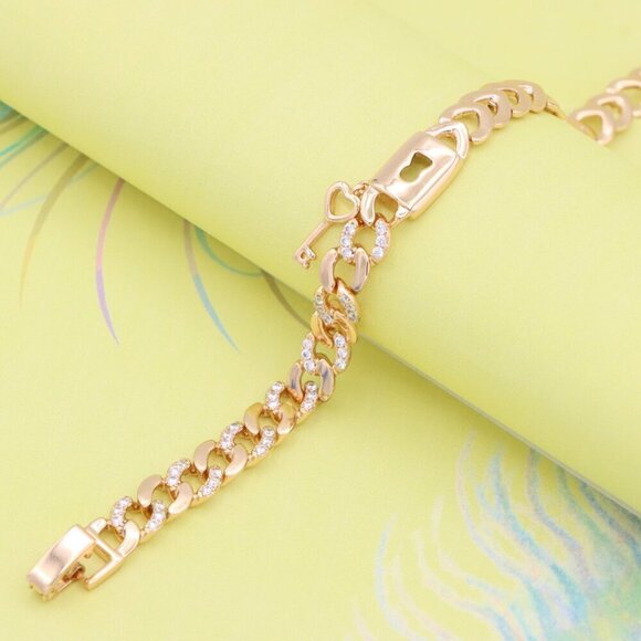 "Rose Gold Heart Lock Key Charm Bracelet with Sparkling Links, XPBL0914 - Picture 7 of 12